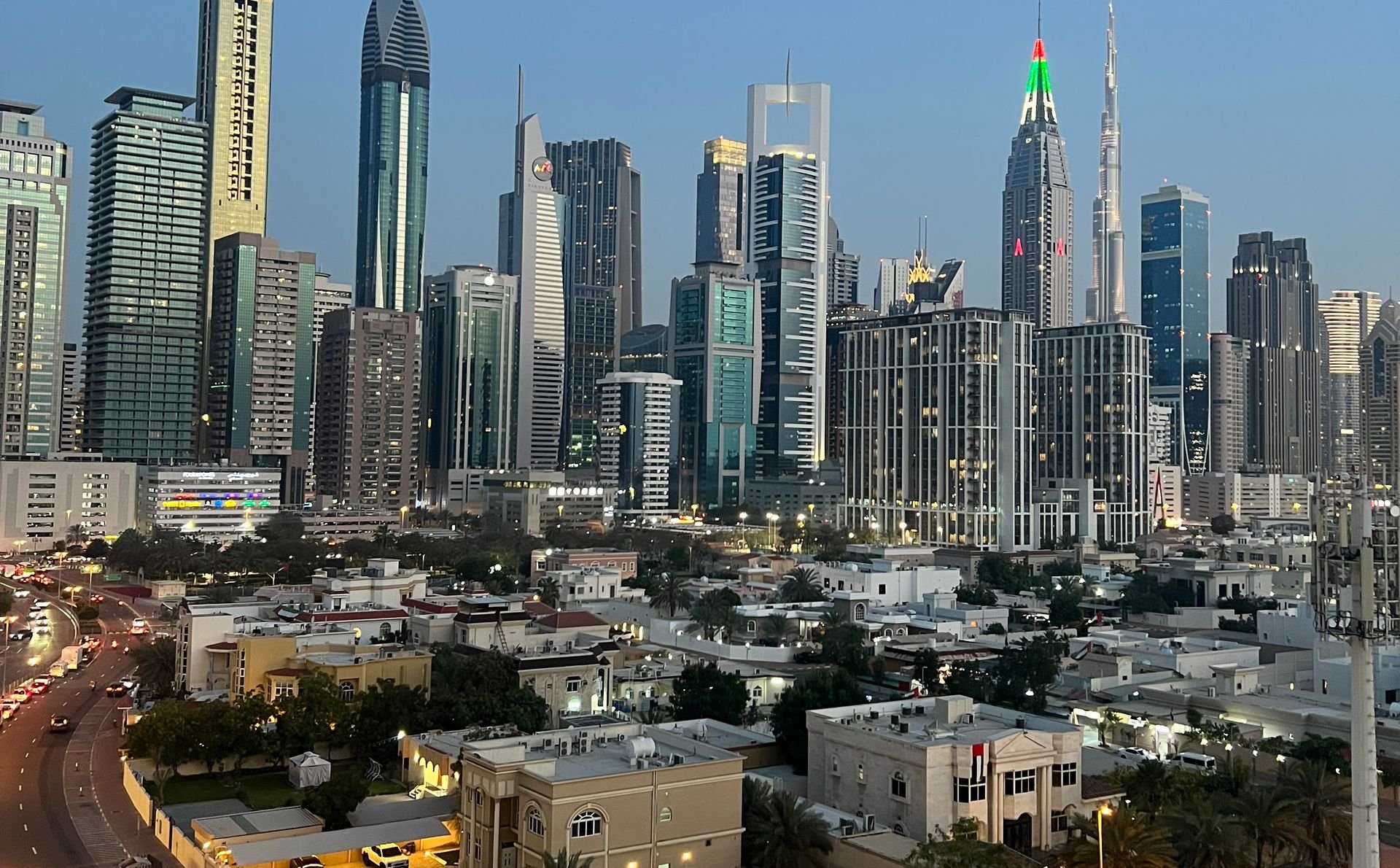 Dubai skyline at dusk, Sheikh Zayed Road and Burj Khalifa